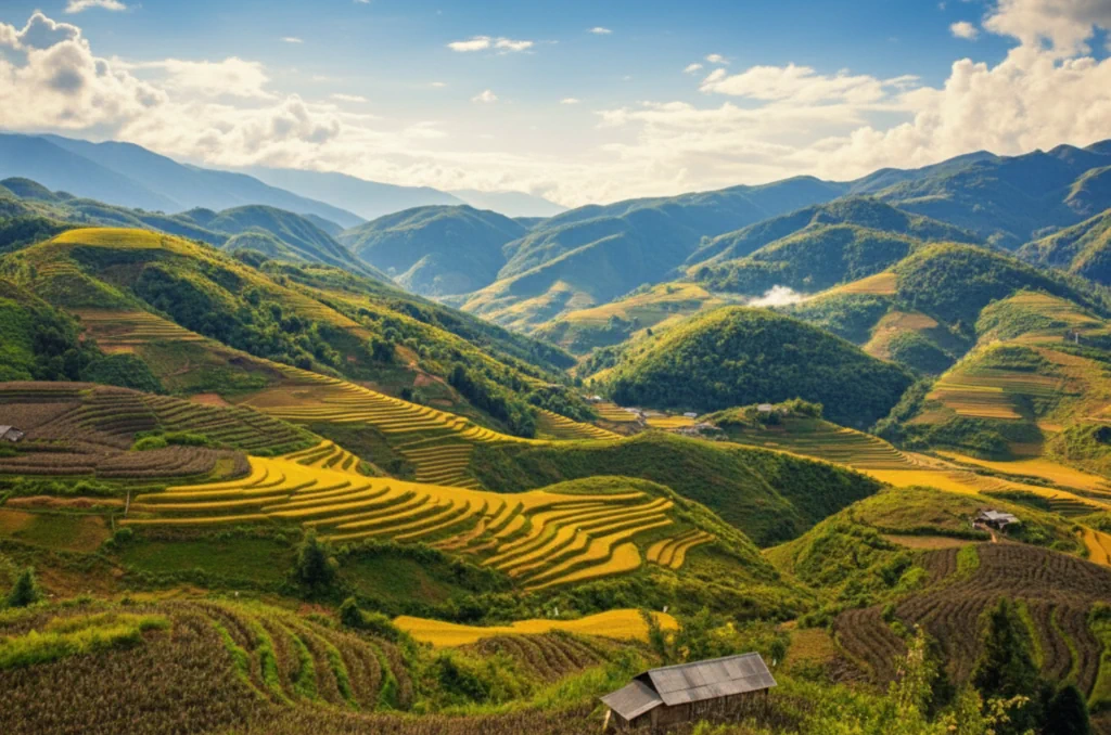 Berge mit grünen Reisterrassen unter einem bewölkten Himmel.
